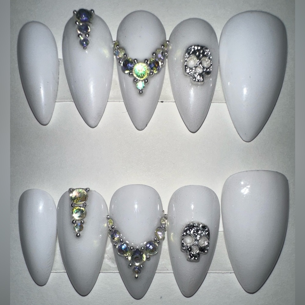 White Gothic Press-On Nails | Crystal Skull Accent | Handmade to Order